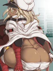 Rule 34 | 1girl, arc system works, ass, bandaged arm, bandages, bare shoulders, blonde hair, breasts, butt crack, dark skin, from behind, govsoyn, guilty gear, guilty gear strive, guilty gear xrd, hat, highres, huge ass, large breasts, long hair, looking at viewer, looking back, medium breasts, orange eyes, ramlethal valentine, shiny skin, short shorts, shorts, sideboob, sitting, solo, thigh strap