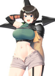 Rule 34 | 1girl, absurdres, aqua eyes, arm behind head, arm up, armor, bare shoulders, black hair, breasts, commentary request, cosplay, cropped sweater, final fantasy, final fantasy vii, final fantasy vii remake, headband, highres, holding, holding weapon, hololive, looking at viewer, medium breasts, midriff, navel, oozora subaru, open mouth, short hair, shorts, shoulder armor, shuriken, simple background, sleeveless, smile, solo, stomach, thighs, tro, turtleneck, unbuttoned, virtual youtuber, weapon, white background, yuffie kisaragi, yuffie kisaragi (cosplay)