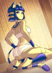 Rule 34 | 1girl, animal crossing, animal ears, ankha (animal crossing), ass, bad id, bad twitter id, bandages, bandeau, bare arms, bare shoulders, barefoot, blue eyes, blue hair, blunt bangs, bob cut, breasts, cat ears, cat tail, chest sarashi, commentary request, furry, furry female, hieroglyphics, highres, jellypon, looking at viewer, medium breasts, midriff, nintendo, sarashi, seiza, short hair, sitting, solo, strapless, tail, thighlet, thighs, tube top, usekh collar