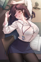 Rule 34 | 1girl, absurdres, breasts, collared shirt, desk, dododo (chjune119), dress shirt, from above, highres, ink stamp, large breasts, lying, mole, mole under eye, office lady, on back, one eye closed, original, phone, shirt, sleeves rolled up, thighs, white shirt