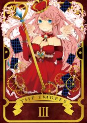 Rule 34 | 1girl, aqua eyes, bad id, bad pixiv id, bare shoulders, bug, butterfly, card, card (medium), choker, crown, detached sleeves, dress, earrings, elbow gloves, english text, engrish text, gears, gloves, highres, insect, jewelry, komine, long hair, megurine luka, pink hair, ranguage, red dress, scepter, short twintails, smile, solo, tarot, tarot (medium), the empress (tarot), twintails, vocaloid, wings