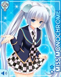 Rule 34 | 1girl, :o, blue background, blue eyes, blue jacket, blunt bangs, card, character name, checker pattern, closed mouth, girlfriend (kari), jacket, miss monochrome, miss monochrome (character), necktie, official art, open hand, qp:flapper, school uniform, shirt, skirt, solo, tagme, thighhighs, twintails, white footwear, white hair, white shirt