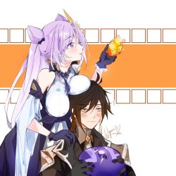 Rule 34 | 1boy, 1girl, bare shoulders, blush, bow, breast rest, breasts, brown eyes, brown hair, couple, detached sleeves, dress, genshin impact, gloves, hair bow, hair ornament, hairpin, keqing (genshin impact), long hair, medium breasts, open mouth, parted lips, purple dress, purple eyes, purple hair, slime (genshin impact), smile, twintails, very long hair, wynnie9963, zhongli (genshin impact)