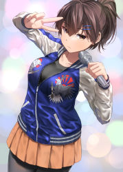 Rule 34 | 1girl, alternate costume, animal print, arms up, bird print, black pantyhose, black shirt, blue jacket, breasts, brown eyes, brown hair, closed mouth, collarbone, grey jacket, hair between eyes, hair ornament, hairclip, highres, holding, holding microphone, jacket, kaga (kancolle), kantai collection, large breasts, long hair, looking at viewer, microphone, multicolored clothes, multicolored jacket, pantyhose, partially unzipped, ponytail, shirt, short hair, skirt, solo, sukajan, two-tone jacket, v, zombie mogura