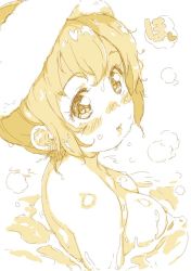 Rule 34 | 1girl, bathing, blush, breasts, completely nude, from side, hair up, kosaka honoka, looking at viewer, love live!, love live! school idol project, medium breasts, monochrome, nude, partially submerged, randou, sketch, solo, steam, towel, towel on head, upper body, wet, wet hair, yellow theme