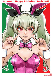 Rule 34 | 1girl, 2023, anchovy (girls und panzer), animal ears, black bow, black bowtie, bow, bowtie, breasts, brown eyes, cape, covering privates, dated, drill hair, fake animal ears, garter belt, girls und panzer, green hair, hair bow, happy birthday, italian flag, leotard, long hair, looking at viewer, nishi itsumi, pink leotard, playboy bunny, rabbit ears, revealing clothes, shiny clothes, shiny skin, solo, standing, strapless, strapless leotard, thighhighs, twin drills, twintails, very long hair, wide hips, wrist cuffs