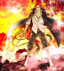 Rule 34 | 1boy, amputee, black jacket, fighting stance, frown, full body, jacket, looking at viewer, male focus, one piece, open collar, red eyes, red hair, sandals, scar, shanks (one piece), shirt, solo, standing, sword, weapon, white shirt, wind