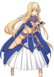 Rule 34 | 1girl, alice zuberg, armor, armored dress, blonde hair, blue eyes, breastplate, fighting stance, full body, gauntlets, gold armor, hair between eyes, long hair, looking at viewer, ready to draw, shiseki hirame, shoulder armor, simple background, solo, sword, sword art online, weapon, white background