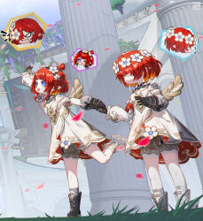 &gt;_o 3girls absurdres ancient_greek_clothes angel_wings architecture asymmetrical_footwear black_boots blue_eyes blue_sky boots commentary_request cross-shaped_pupils dress falling_petals grass greco-roman_architecture greco-roman_clothes head_wreath highres holding_hands honkai:_star_rail honkai_(series) mismatched_footwear multiple_girls one_eye_closed outdoors petals pointy_ears red_hair short_hair sky spoken_character stone_pillar symbol-shaped_pupils tongyu trianne_(honkai:_star_rail) tribbie_(honkai:_star_rail) trinnon_(honkai:_star_rail) white_blindfold white_boots white_dress winged_boots wings