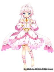 Rule 34 | 1girl, ahoge, ankle lace-up, barefoot, belt, blue eyes, cross-laced footwear, dress, feet, female focus, flower, flower knight girl, full body, hair flower, hair intakes, hair ornament, kurot, leg ribbon, looking at viewer, official art, orb, pink dress, pink hair, pink ribbon, pink scarf, ribbon, ringo (flower knight girl), sash, scarf, short hair, sidelocks, simple background, smile, solo, thighlet, white background