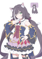 1girl absurdres animal_ear_fluff animal_ears bare_shoulders black_hair black_thighhighs bow breasts brooch cat cat_ears cat_girl cat_tail closed_mouth corset cowboy_shot cross_tie detached_sleeves frown garter_straps green_eyes hair_bow hands_on_own_hips highres jewelry karyl_(princess_connect!) laika_(sputnik2nd) light_blush long_hair multicolored_hair one_eye_closed princess_connect! raised_eyebrow shirt skirt sleeveless sleeveless_shirt small_breasts solo standing streaked_hair tail thighhighs very_long_hair white_background white_shirt