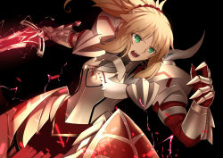 Rule 34 | 1girl, absurdres, aqua eyes, armor, black background, blonde hair, clarent (fate), energy, fangs, fate/apocrypha, fate (series), gorget, green eyes, highres, long hair, mordred (fate), mordred (fate/apocrypha), paperfinger, pauldrons, plate armor, ponytail, saliva, scrunchie, shoulder armor, solo