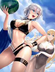 Rule 34 | 2girls, :d, alternate costume, arm across waist, armpits, azur lane, ball, bare shoulders, bikini, black bikini, black legwear, black leotard, blonde hair, blue eyes, blue sky, breasts, choker, cleavage, cloud, cross, cross choker, cross necklace, crossed bangs, cuboon, day, food, fruit, hair between eyes, hairband, hand on own hip, holding, holding ball, jewelry, large breasts, leotard, long hair, looking at viewer, mole, mole on breast, multiple girls, navel, necklace, north carolina (azur lane), open mouth, outdoors, pantyhose, short hair, silver hair, sky, smile, stomach, strapless, strapless leotard, swimsuit, thigh strap, twitter username, volleyball (object), washington (azur lane), watermelon