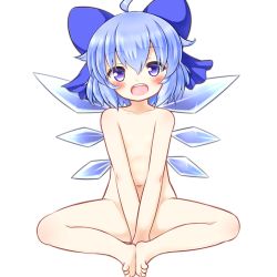 Rule 34 | 1girl, ahoge, barefoot, blue eyes, blue hair, blush, bow, cirno, collarbone, feet, feet together, flat chest, hair bow, ice, ice wings, looking at viewer, matching hair/eyes, mofu mofu, navel, nude, open mouth, smile, solo, touhou, v arms, wings
