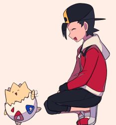 Rule 34 | 1boy, :d, ^ ^, afterimage, backwards hat, black hair, black headwear, black pants, capri pants, closed eyes, commentary, creatures (company), ethan (pokemon), finger wagging, game freak, gen 2 pokemon, happy, hat, highres, hood, hood down, jacket, long sleeves, male focus, metronome (pokemon), motion lines, nintendo, open mouth, pants, pokemon, pokemon (creature), pokemon hgss, red jacket, shoes, short hair, smile, squatting, symbol-only commentary, togepi, tyako 089