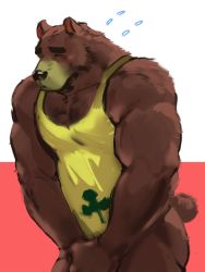Rule 34 | 1boy, animal ears, ass, bara, bear boy, bear ears, bear tail, bottomless, covering privates, covering crotch, dopey (dopq), embarrassed, fluffy, flying sweatdrops, furry, furry male, highres, male focus, muscular, muscular male, naked shirt, original, pectoral cleavage, pectorals, shirt, short hair, solo, tail, tank top, thick eyebrows, thighs, yellow tank top