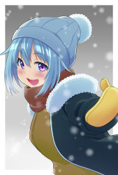 Rule 34 | 1girl, blue coat, blue hair, blue hat, blush, border, breasts, breath, brown scarf, coat, gloves, gradient background, hat, highres, knit hat, kureshikure, long sleeves, looking at viewer, medium breasts, open clothes, open coat, open mouth, original, outdoors, purple eyes, reaching, reaching towards viewer, scarf, shirt, short hair, snow, snowing, solo, teeth, upper teeth only, white border, winter, winter clothes, yellow gloves, yellow shirt