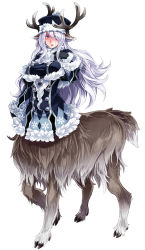 Rule 34 | 1girl, animal ears, antlers, bell, blue eyes, blush, breasts, buttons, centaur, centauroid, coat, double-breasted, full body, fur trim, gloves, hat, highres, horns, huge breasts, kenkou cross, large breasts, long hair, long sleeves, looking at viewer, monster girl, monster girl encyclopedia, official art, open mouth, reindeer, simple background, smile, snowflake print, solo, tail, taur, white background, white hair, white horn (monster girl encyclopedia), winter clothes, winter coat