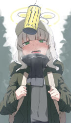 Rule 34 | 1girl, @ @, black scarf, blue archive, blush, breath, can, csham, energy drink, green eyes, green jacket, grey hair, hare (blue archive), hare (camp) (blue archive), hat, heavy breathing, highres, hood, hood down, hooded jacket, jacket, long hair, long sleeves, monster energy, official alternate costume, open clothes, open jacket, open mouth, ponytail, saliva, scarf, solo, white hat