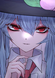 Rule 34 | 1girl, 33 gaff, absurdres, black hat, blouse, blue hair, closed mouth, collared shirt, grey background, hair between eyes, hat, highres, hinanawi tenshi, long hair, red eyes, shirt, simple background, smile, solo, touhou, upper body, white shirt