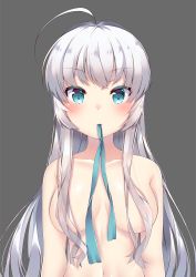Rule 34 | 1girl, ahoge, akino (1i1i1i1i), arms at sides, bad id, bad pixiv id, blue eyes, blush, breasts, breasts apart, closed mouth, collarbone, colored eyelashes, convenient censoring, expressionless, grey background, hair censor, hair over breasts, long hair, looking at viewer, medium breasts, navel, nude, original, silver hair, simple background, solo, upper body, very long hair