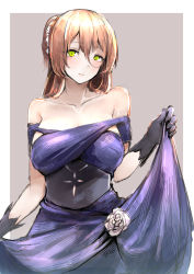 Rule 34 | 1girl, absurdres, bare shoulders, black gloves, blue dress, blush, breasts, closed mouth, clothes lift, collarbone, dress, dress lift, girls&#039; frontline, gloves, green eyes, grey background, hair ornament, highres, holding, holding clothes, holding dress, kyoyakyo, long hair, looking at viewer, medium breasts, official alternate costume, orange hair, solo, springfield (girls&#039; frontline), springfield (queen in radiance) (girls&#039; frontline), standing