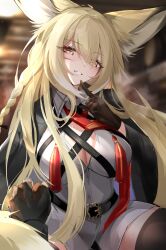 1girl :d animal_ears arknights belt belt_buckle black_belt black_jacket blonde_hair breasts breath brown_gloves brs_(33143752) buckle chinese_commentary cleavage commentary_request eyes_visible_through_hair finger_to_own_chin gloves grin hair_between_eyes highres holding_hands interlocked_fingers jacket large_breasts long_hair long_sleeves multicolored_hair necktie open_mouth partial_commentary pov pov_hands red_necktie shirt smile streaked_hair sweat tassel vulpisfoglia_(arknights) white_hair white_shirt yellow_eyes