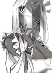 aria_(nikke) breasts cleavage colored_skin dark-skinned_female dark_skin dress eyes_visible_through_hair frilled_dress frills goddess_of_victory:_nikke grey_eyes grey_skin hair_over_one_eye highres jewelry large_breasts long_hair looking_at_viewer nail_polish nkyu ring white_dress white_hair white_nails