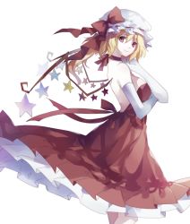 Rule 34 | 1girl, aged up, alternate costume, alternate wings, backless outfit, bad id, bad pixiv id, bare shoulders, blonde hair, bow, breasts, choker, dress, elbow gloves, female focus, flandre scarlet, gloves, hat, hat bow, koshaku, looking at viewer, red dress, red eyes, ribbon, ribbon choker, short hair, side ponytail, simple background, smile, solo, star (symbol), touhou, white background, white gloves, wings