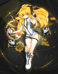 Rule 34 | 1girl, absurdres, alternate eye color, alternate hair color, artist name, black background, blonde hair, boots, character name, elsword, eve (elsword), expressionless, facial mark, fingerless gloves, flat chest, gloves, gun, highres, knee boots, leotard, long hair, looking away, ming (wldi0132), no nose, open clothes, open shirt, robot, shirt, solo, tattoo, weapon, white footwear, white gloves, white shirt, yellow eyes