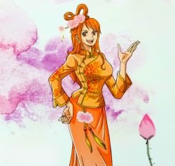 Rule 34 | 1girl, breasts, brown eyes, china dress, chinese clothes, cleaned, dress, earrings, female focus, hair ornament, hand on own hip, highres, jewelry, large breasts, long hair, nami (one piece), official art, one piece, open mouth, orange hair, smile, solo, teeth, tongue