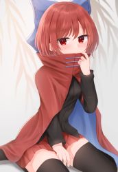 Rule 34 | 1girl, black shirt, black thighhighs, blush, bow, breasts, cape, covered mouth, covering own mouth, dakuazu, hair bow, high collar, highres, long sleeves, looking at viewer, miniskirt, pleated skirt, red cape, red eyes, red hair, red skirt, sekibanki, shirt, short hair, sitting, skirt, solo, thighhighs, touhou, wariza, zettai ryouiki