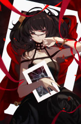 Rule 34 | 1girl, arm up, black hair, breasts, dress, eyebrows hidden by hair, hair ornament, hairclip, highres, holding, key, long hair, looking at viewer, lying, off shoulder, red eyes, ribbon, solo, spy x family, teo1984, yor briar