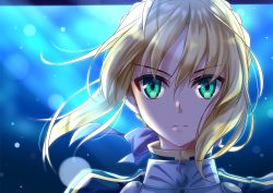 Rule 34 | 1girl, ahoge, artoria pendragon (all), artoria pendragon (fate), blonde hair, blue background, blue ribbon, blurry, blurry background, braid, braided bun, fate/stay night, fate (series), floating hair, green eyes, hair between eyes, hair bun, hair ribbon, lens flare, looking at viewer, nina (pastime), portrait, ribbon, saber (fate), short hair with long locks, sidelocks, solo, standing, upper body