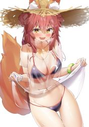Rule 34 | 1girl, absurdres, animal ear fluff, animal ears, bikini, bikini under clothes, blue bikini, blush, bracelet, breasts, cleavage, collarbone, ears through headwear, fate/grand order, fate (series), fox ears, fox girl, fox tail, hair between eyes, hat, heart, heart-shaped pupils, highres, jewelry, kuse (0201), large breasts, long hair, looking at viewer, open mouth, pink hair, shirt, sidelocks, simple background, smile, straw hat, string bikini, swimsuit, symbol-shaped pupils, tail, tamamo (fate), tamamo no mae (fate/extra), tamamo no mae (swimsuit lancer) (fate), tamamo no mae (swimsuit lancer) (second ascension) (fate), thighs, wet, wet clothes, wet shirt, yellow eyes