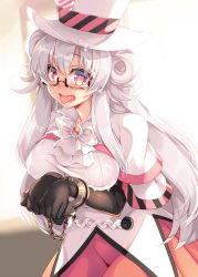 Rule 34 | beatmania, beatmania iidx, black gloves, blurry, blurry background, breasts, cuffs, cum, cum on clothes, cum on hair, dress, elbow gloves, facial, glasses, gloves, handcuffs, hat, highres, large breasts, long hair, looking at viewer, red eyes, roshin, semi-rimless eyewear, silver hair, tongue, tongue out, top hat, under-rim eyewear