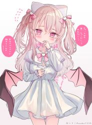 Rule 34 | 1girl, ame usako, animal ears, bat wings, biting, blush, bow, breasts, capelet, cat ears, cat hair ornament, center frills, cleavage, closed mouth, commentary request, dress, fake animal ears, finger biting, flying sweatdrops, frilled capelet, frills, gradient background, grey background, hair between eyes, hair bow, hair ornament, hairband, head tilt, highres, light brown hair, long hair, long sleeves, looking at viewer, low wings, medium breasts, original, pink bow, pink eyes, pink wings, pleated dress, pointy ears, sidelocks, sleeves past wrists, solo, tears, translation request, twitter username, two side up, very long hair, white background, white capelet, white dress, white hairband, wings