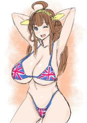 Rule 34 | 10s, 1girl, ahoge, arm behind head, armpits, bikini, blue eyes, breasts, brown hair, female focus, hair ornament, hairband, huge breasts, kaneda (aqid), kantai collection, kongou (kancolle), long hair, navel, open mouth, smile, solo, standing, swimsuit, wink