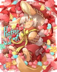 Rule 34 | 1other, :3, ambiguous gender, animal ears, blush, bow, candy, chocolate, chocolate heart, eating, food, furry, happy valentine, heart, highres, looking at viewer, lying, made in abyss, mumu yu mu, nanachi (made in abyss), on back, other focus, rabbit ears, red ribbon, ribbon, solo, tail, whiskers, white hair, yellow bow, yellow eyes, yellow ribbon