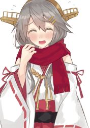 Rule 34 | 1girl, ^ ^, absurdres, blush, brown eyes, closed eyes, detached sleeves, dokuganryuu, facing viewer, grey hair, hair between eyes, hair ornament, hairclip, haruna (kancolle), headgear, highres, kantai collection, long hair, nontraditional miko, open mouth, red scarf, red skirt, scarf, simple background, skirt, smile, solo, upper body, white background