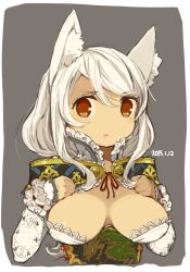 Rule 34 | 1girl, animal ears, breasts, brown eyes, closed mouth, dated, long hair, looking at viewer, mota, original, ribbon, simple background, solo, white hair