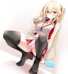 Rule 34 | 1girl, alternate costume, azur lane, black thighhighs, blonde hair, bremerton (azur lane), bremerton (azur lane) (cosplay), bremerton (scorching-hot training) (azur lane), collarbone, collared shirt, commentary request, concord (azur lane), cosplay, dutch angle, food, from below, full body, jewelry, long hair, looking at viewer, midriff, mole, mole under eye, no shoes, oouso, panties, pendant, pink panties, popsicle, red eyes, shirt, sleeveless, sleeveless shirt, solo, sportswear, squatting, star-shaped pupils, star (symbol), symbol-shaped pupils, tennis uniform, thighhighs, thighs, tongue, tongue out, twintails, two-tone shirt, two-tone skirt, underwear, very long hair