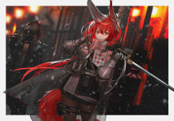 Rule 34 | 1girl, 1other, absurdres, animal ears, arknights, armor, black pantyhose, border, brown eyes, cowboy shot, doctor (arknights), ear covers, earpiece, flametail (arknights), ganet p, gauntlets, hair between eyes, hands up, highres, holding, holding sword, holding weapon, long hair, looking at viewer, outside border, pantyhose, pouch, red hair, single ear cover, smile, solo focus, squirrel ears, squirrel girl, squirrel tail, sword, tail, thigh pouch, thigh strap, very long hair, weapon, white background, white border