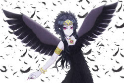 Rule 34 | 1girl, armband, black dress, black hair, black wings, bracelet, breasts, cleavage, collarbone, dress, duel monster, emblem, fabled grimro, feathers, female focus, fingernails, frown, holding, infinity symbol, jewelry, long fingernails, long hair, looking at viewer, nail polish, necklace, outstretched arm, pale skin, pink nails, pointy ears, purple eyes, simple background, solo, standing, strapless, strapless dress, tiara, upper body, white background, wings, yu-gi-oh!, yu-gi-oh! duel monsters