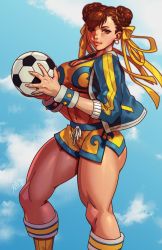 Rule 34 | 1girl, adapted costume, bad id, bad twitter id, ball, bracelet, braid, braided bun, breasts, brown hair, capcom, chun-li, cleavage, double bun, female focus, hair bun, hair ribbon, jacket, jewelry, large breasts, ribbon, robaato, short shorts, shorts, soccer ball, solo, spiked bracelet, spikes, sports bra, street fighter, tank top, thick thighs, thighs, track jacket