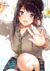 Rule 34 | :d, absurdres, blue skirt, blush, breasts, brown hair, collared shirt, crystal, grey eyes, hands up, highres, hougu souji, knee up, large breasts, long hair, long sleeves, looking at viewer, necktie, open mouth, original, pleated skirt, school uniform, shirt, skirt, smile, solo, wing collar, yellow necktie