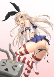Rule 34 | 10s, 1girl, ass, black panties, blonde hair, blush, breasts, butt crack, elbow gloves, feet, gloves, gradient background, green eyes, hairband, highres, kantai collection, long hair, nipples, open mouth, panties, pussy, pussy peek, rensouhou-chan, shimakaze (kancolle), side-tie panties, simple background, skirt, small breasts, socks, soles, striped clothes, striped thighhighs, tenkuu nozora, thighhighs, toes, torn clothes, torn legwear, torn panties, uncensored, underwear, untied