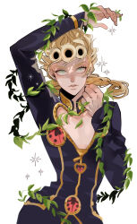 Rule 34 | 1boy, arm up, blonde hair, braid, brooch, bug, clothing cutout, commentary request, giorno giovanna, green eyes, highres, insect, jewelry, jojo no kimyou na bouken, ladybug, male focus, plant, single braid, solo, upper body, v-shaped eyebrows, vento aureo, vines, youda