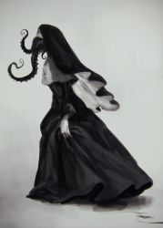Rule 34 | 1other, black dress, capelet, character request, cross, cross necklace, dress, from side, full body, grey background, jewelry, koto inari, limited palette, necklace, nun, simple background, skirt hold, tentacles, traditional nun, walking, white capelet