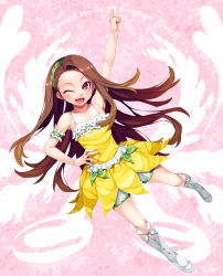 Rule 34 | 1girl, ;d, arm up, brown hair, dress, hairband, hand on own hip, happa (cloverppd), highres, hip focus, idolmaster, idolmaster (classic), long hair, looking at viewer, minase iori, one eye closed, open mouth, pink eyes, sleeveless, sleeveless dress, smile, solo, wink